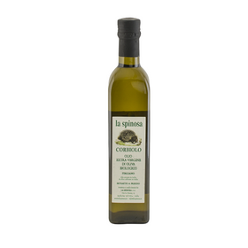 Bottle of La Spinosa olive oil on a white background