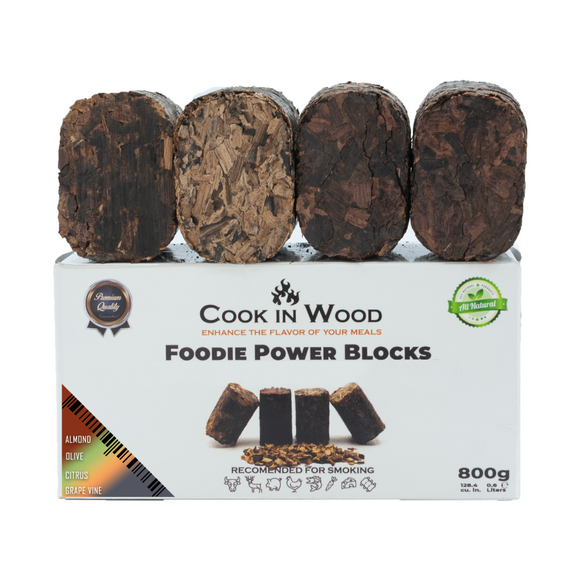 Cook In Wood® Foodie Power Blocks Compressed Wood Smoking - Almond, Peach, Citrus, Olive - Set of 4x 200g
