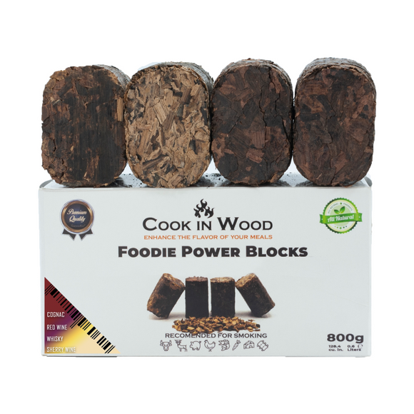 Cook In Wood® Foodie Power Blocks Compressed Wood Smoking - Cognac, Red Wine, Sweet White Wine, Whisky - Set of 4x 200g