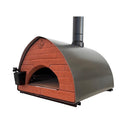 Wood-fired pizza oven with brick design on a white background