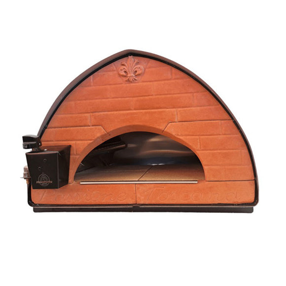 Wood-fired pizza oven with a decorative emblem on a white background